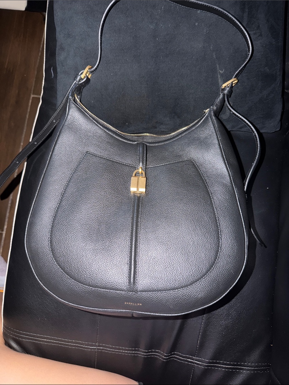 Strathberry Black Pebbled Leather Hobo Shoulder Bag with Gold Hardware Accent